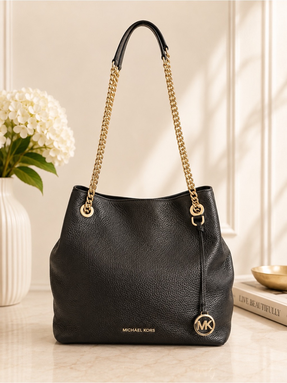 Michael Kors Black Pebbled Leather Chain Shoulder Tote Bag Gold MK Charm